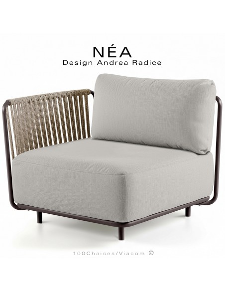 Fauteuil ou bout de banquette modulable gauche NÉA, structure peint bronze, assise tissu crème, accoudoir corde beige.