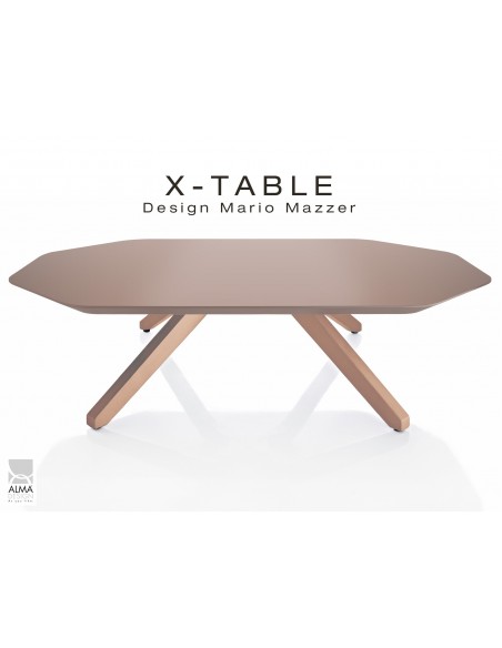 Table basse "X-TABLE " piètement Chêne pour salon, hall et salle d'attente, plateau laqué gris Tourterelle.
