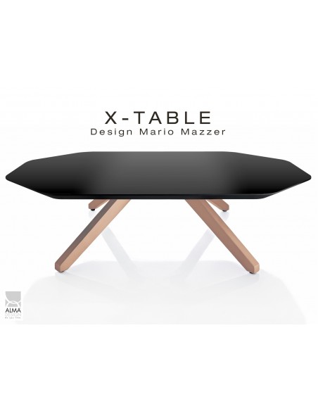 Table basse "X-TABLE " piètement Chêne pour salon, hall et salle d'attente, plateau laqué noir.