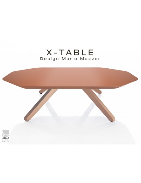 Table basse "X-TABLE " piètement Chêne pour salon, hall et salle d'attente, plateau laqué sable.