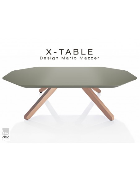 Table basse "X-TABLE " piètement Chêne pour salon, hall et salle d'attente, plateau laqué vert militaire.