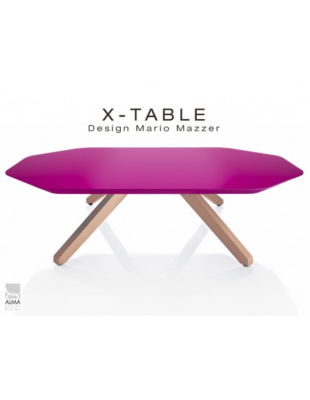 Table basse "X-TABLE " piètement Chêne pour salon, hall et salle d'attente, plateau laqué violet.