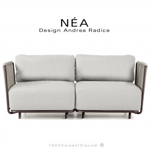 Salon de jardin, banquette, canapé 2 places d'extérieur NÉA, peint blanc bronze, assise coussins, tissu crème, corde beige.