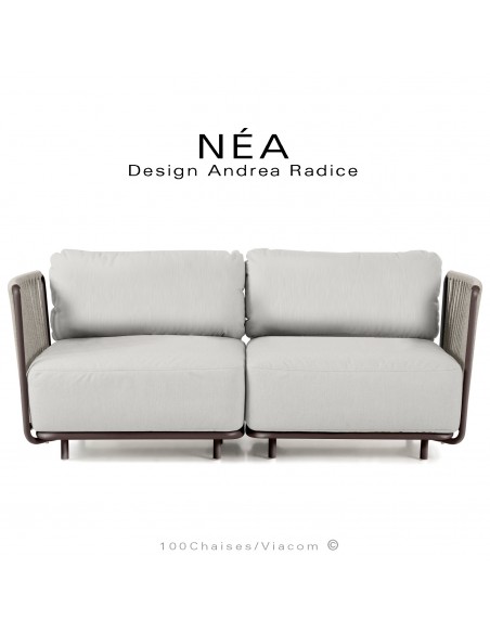 Salon de jardin, banquette, canapé 2 places d'extérieur NÉA, peint blanc bronze, assise coussins, tissu crème, corde beige.