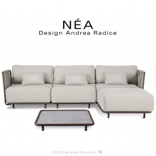 Salon de jardin, ensemble 4 assises avec pouf, table NÉA, acier peint bronze, assise coussins couleur crème, corde beige.