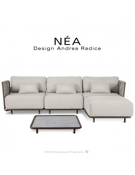 Salon de jardin, ensemble 4 assises avec pouf, table NÉA, acier peint bronze, assise coussins couleur crème, corde beige.