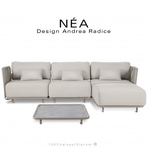 Salon de jardin, ensemble 4 assises avec pouf, table NÉA, acier peint Tourterelle, assise coussins couleur crème, corde beige