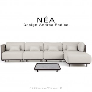 Salon de jardin, ensemble 5 assises avec pouf et table NÉA, acier peint bronze, assise tissu crème, corde beige.