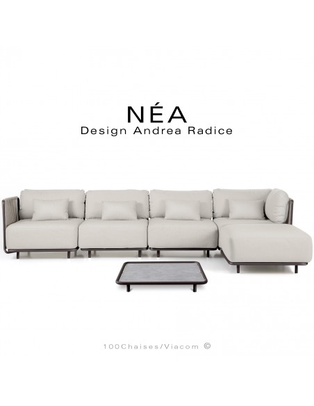 Salon de jardin, ensemble 5 assises avec pouf et table NÉA, acier peint bronze, assise tissu crème, corde beige.