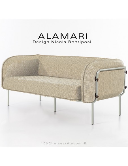 Canapé large lounge ou salon de jardin ALAMARI, structure acier peint blanc perle, coussin habillage tissu déperlant crème.
