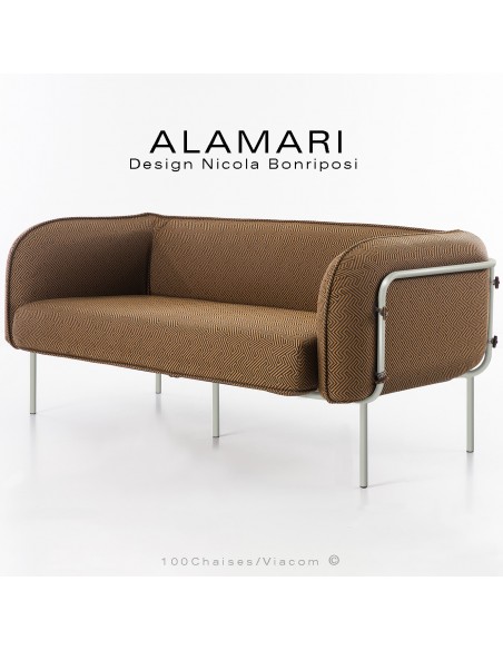 Canapé large lounge ou salon de jardin ALAMARI, structure acier peint blanc perle, coussin habillage tissu déperlant orange.