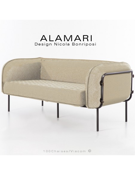 Canapé large lounge ou salon de jardin ALAMARI, structure acier peint bronze, coussin habillage tissu déperlant crème.