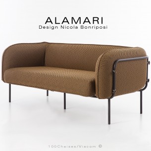 Canapé large lounge ou salon de jardin ALAMARI, structure acier peint bronze, coussin habillage tissu déperlant orange.