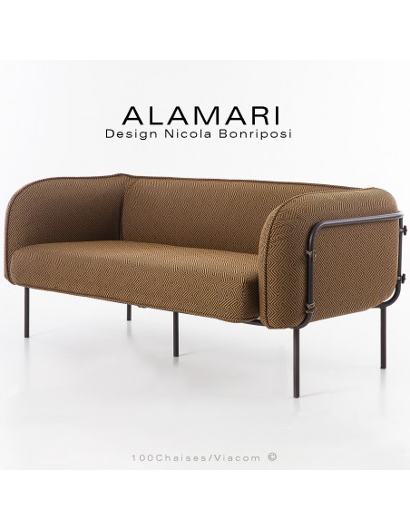 Canapé large lounge ou salon de jardin ALAMARI, structure acier peint bronze, coussin habillage tissu déperlant orange.