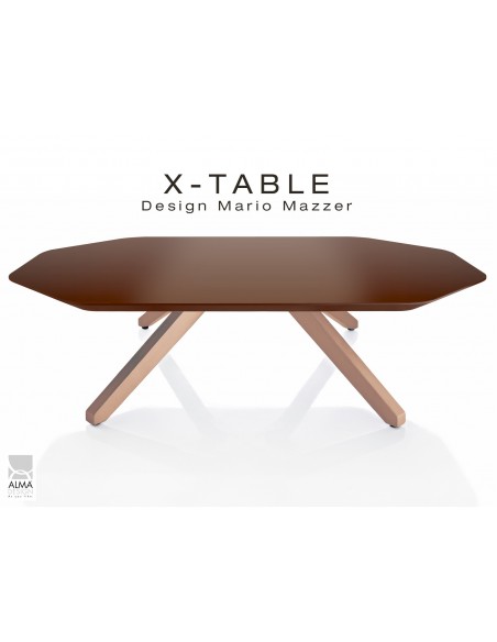 Table basse "X-TABLE " piètement Chêne pour salon, hall et salle d'attente, plateau laqué marron.