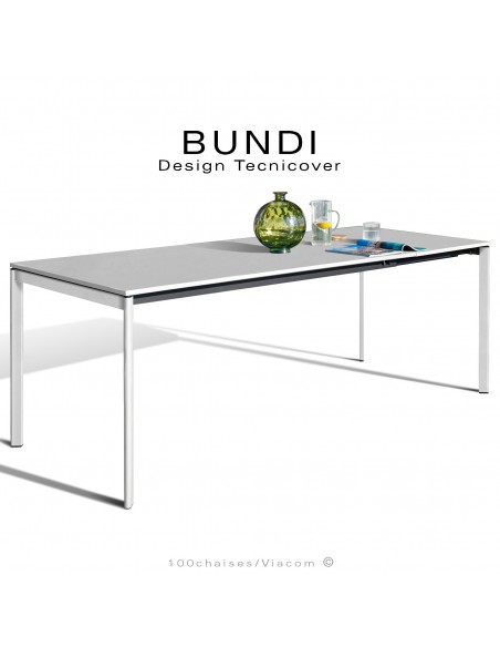 Table repas outdoor BUNDI, structure en acier galvanisé peint blanche, 4 pieds avec plateau et rallonge amovible.