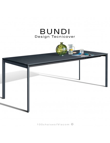 Table repas outdoor BUNDI, structure en acier galvanisé peint anthracite, 4 pieds avec plateau et rallonge amovible.