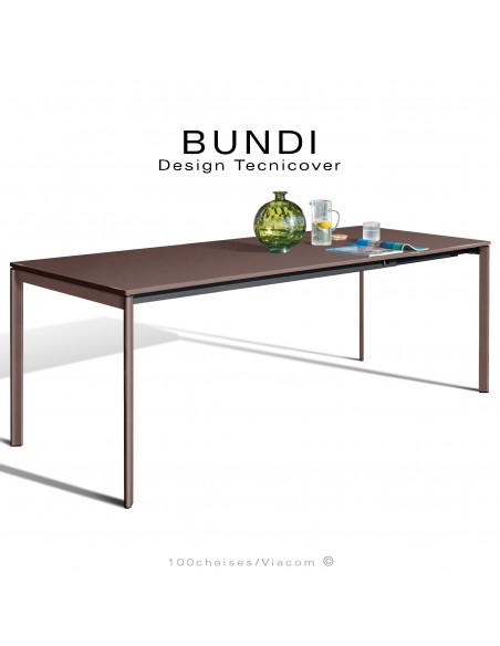 Table repas outdoor BUNDI, structure en acier galvanisé peint bronze, 4 pieds avec plateau et rallonge amovible.