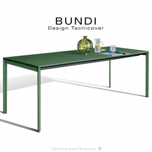 Table repas outdoor BUNDI, structure en acier galvanisé peint verte, 4 pieds avec plateau et rallonge amovible.