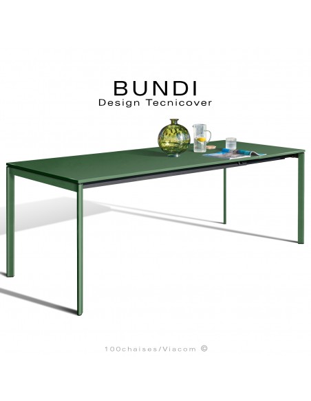 Table repas outdoor BUNDI, structure en acier galvanisé peint verte, 4 pieds avec plateau et rallonge amovible.