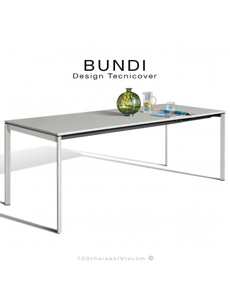 Table repas outdoor BUNDI, structure en acier galvanisé peint blanc perle, 4 pieds avec plateau et rallonge amovible.