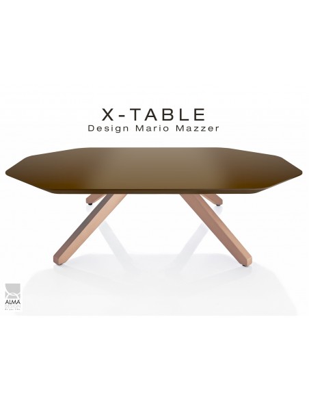 Table basse "X-TABLE " piètement Chêne pour salon, hall et salle d'attente plateau finition peinture laqué moka.