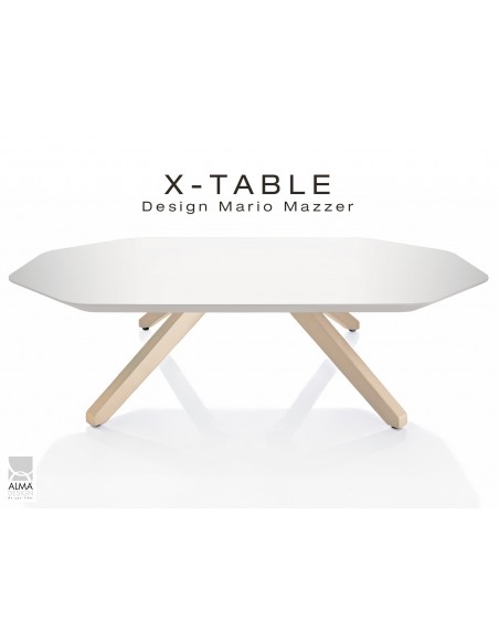 Table basse "X-TABLE " piètement Frêne naturel pour salon, hall et salle d'attente, plateau laqué blanc.