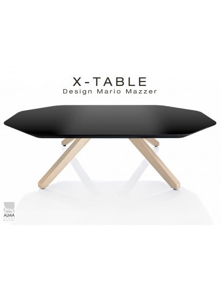 Table basse "X-TABLE " piètement Frêne naturel pour salon, hall et salle d'attente, plateau laqué anthacite.