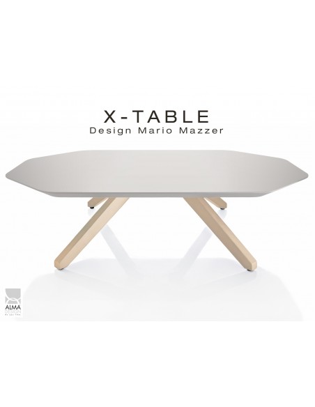 Table basse "X-TABLE " piètement Frêne naturel pour salon, hall et salle d'attente, plateau laqué gris.