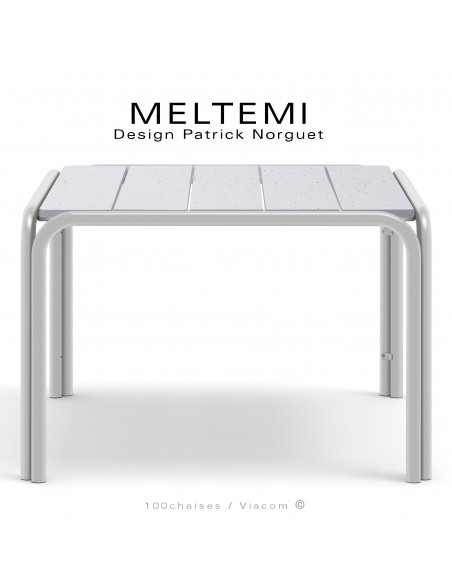 Table de jardin carré en aluminium peint blanc perle – Plateau lamelles émaillées ou grès cérame blanc ivoire – MELTEMI.