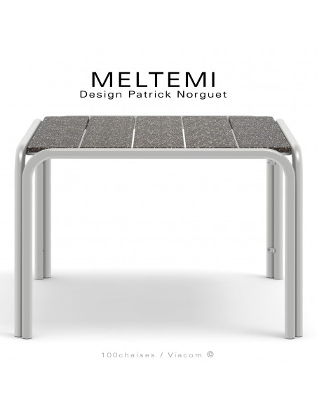 Table de jardin carré en aluminium peint blanc perle – Plateau lamelles émaillées ou grès cérame noir – MELTEMI.