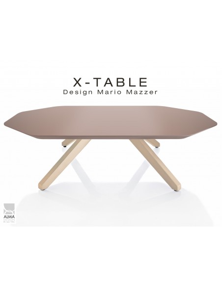 Table basse "X-TABLE " piètement Frêne naturel pour salon, hall et salle d'attente, plateau laqué gris Tourterelle.