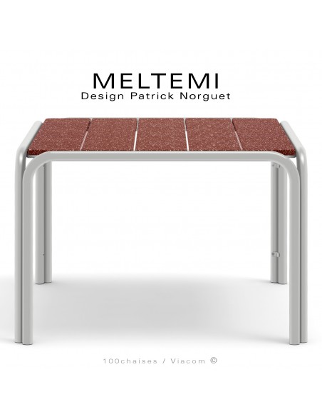 Table de jardin carré en aluminium peint blanc perle – Plateau lamelles émaillées ou grès cérame terracotta – MELTEMI.