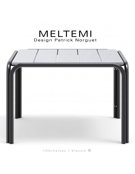 Table de jardin carré en aluminium peint noir – Plateau lamelles émaillées ou grès cérame blanc ivoire – MELTEMI.