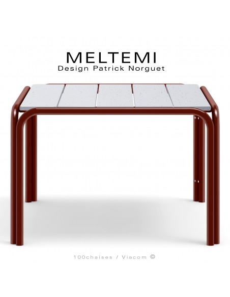 Table de jardin carré en aluminium peint terracotta – Plateau lamelles émaillées ou grès cérame blanc ivoire – MELTEMI.