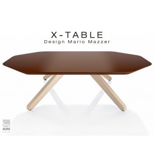 Table basse "X-TABLE " piètement Frêne naturel pour salon, hall et salle d'attente, plateau laqué marron.
