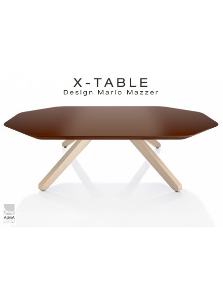 Table basse "X-TABLE " piètement Frêne naturel pour salon, hall et salle d'attente, plateau laqué marron.