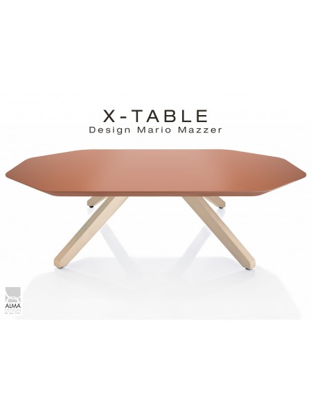 Table basse "X-TABLE " piètement Frêne naturel pour salon, hall et salle d'attente, plateau laqué Sable.