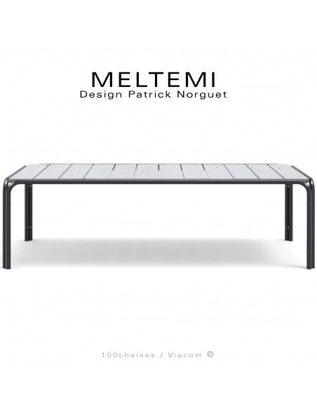Table de jardin rectangulaire en aluminium peint noir | Plateau lamelles émaillées blanc | MELTEMI.