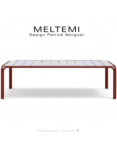 Table de jardin rectangulaire en aluminium peint terracotta | Plateau lamelles émaillées blanc | MELTEMI.