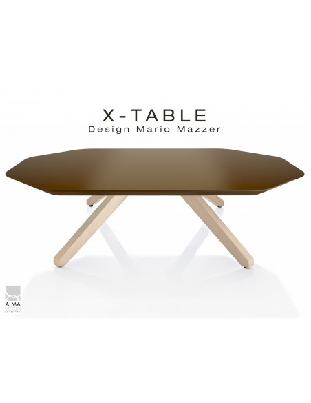 Table basse "X-TABLE " piètement Frêne naturel pour salon, hall et salle d'attente, plateau laqué moka.