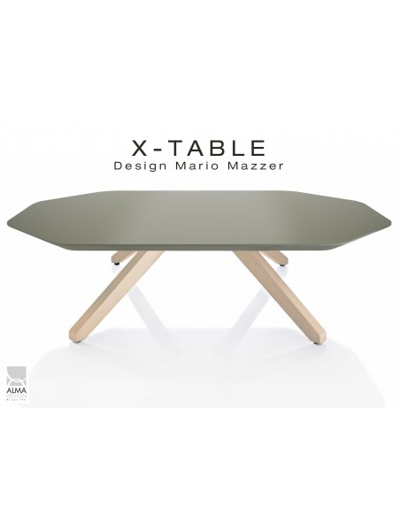 Table basse "X-TABLE " piètement Frêne naturel pour salon, hall et salle d'attente, plateau laqué vert militaire.