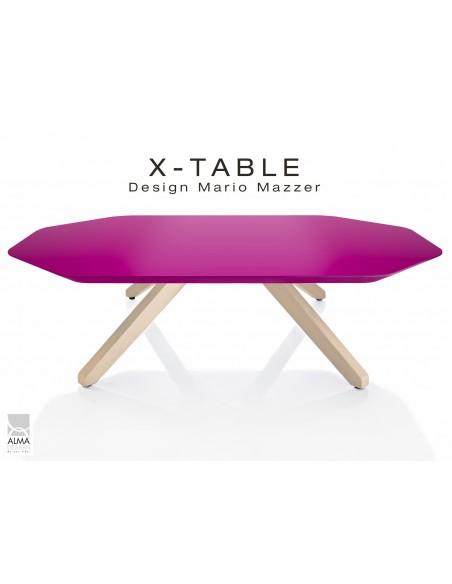 Table basse "X-TABLE " piètement Frêne naturel pour salon, hall et salle d'attente, plateau laqué violet.