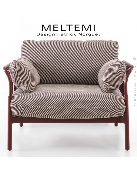 Fauteuil lounge MELTEMI – structure en aluminium peint Terracotta, | Coussin imperméable tissu blanc filets rouge.