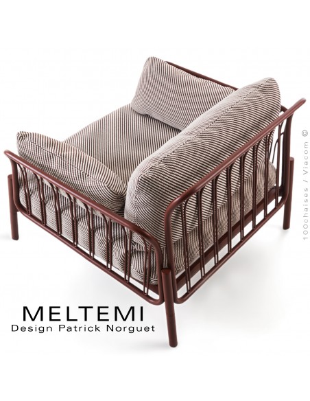 Fauteuil lounge MELTEMI – structure en aluminium peint Terracotta, | Coussin imperméable tissu blanc filets rouge.