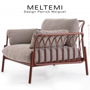 Fauteuil lounge MELTEMI – structure en aluminium peint Terracotta, | Coussin imperméable tissu blanc filets rouge.