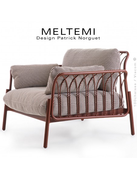 Fauteuil lounge MELTEMI – structure en aluminium peint Terracotta, | Coussin imperméable tissu blanc filets rouge.