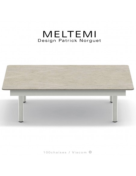 Table basse carré plateau en grès cérame crème MELTEMI, structure aluminium peint blanc perle pour salon de jardin.