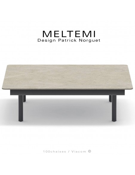 Table basse carré plateau en grès cérame crème MELTEMI, structure aluminium peint noir pour salon de jardin.