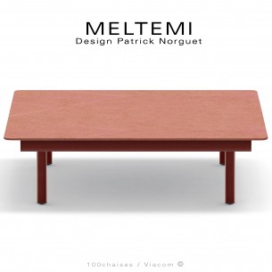 Table basse carré plateau en grès cérame rose/orange MELTEMI, structure aluminium peint Terracotta pour salon de jardin.